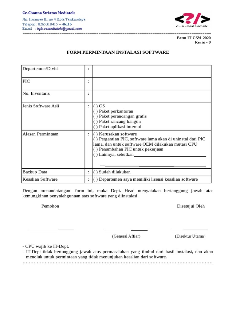 Formulir Permintaan Instalasi Software | PDF | Game & Aktivitas | Komputer