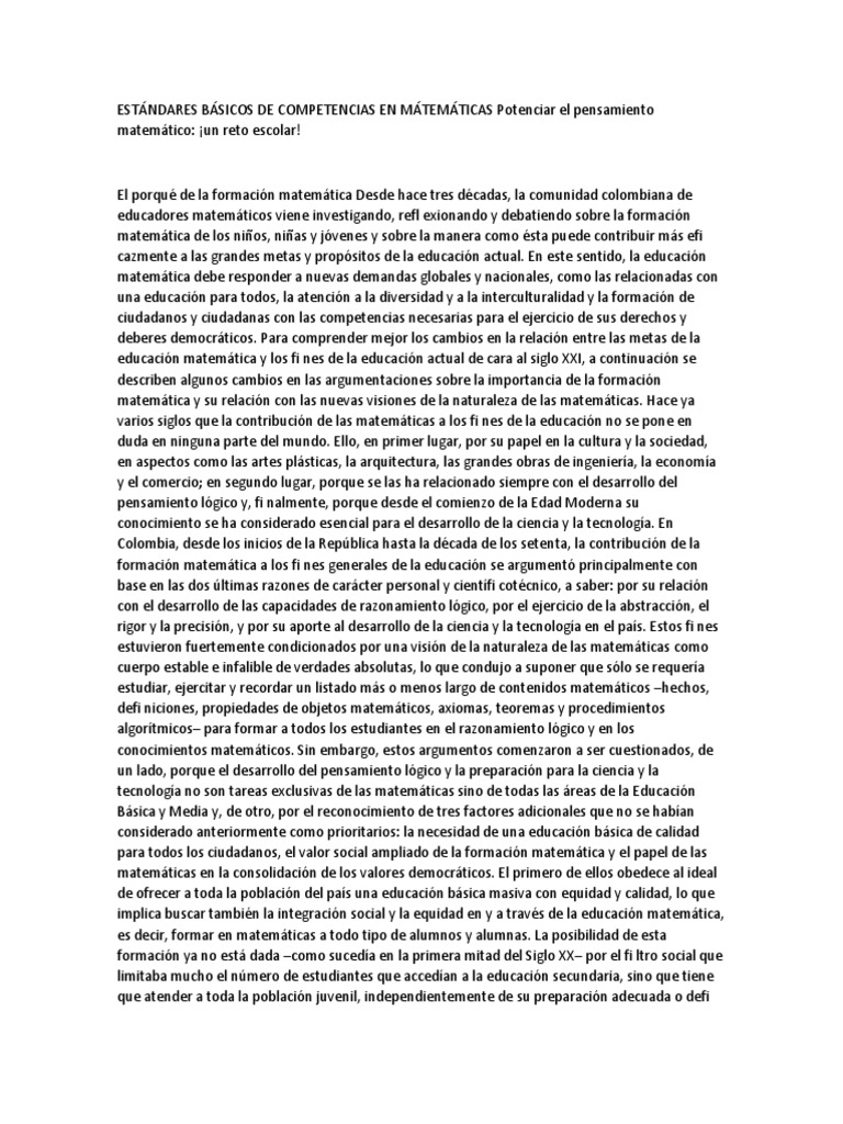 ESTÁNDARES BÁSICOS DE COMPETENCIAS EN MÁTEMÁTICAS | PDF | Números ...