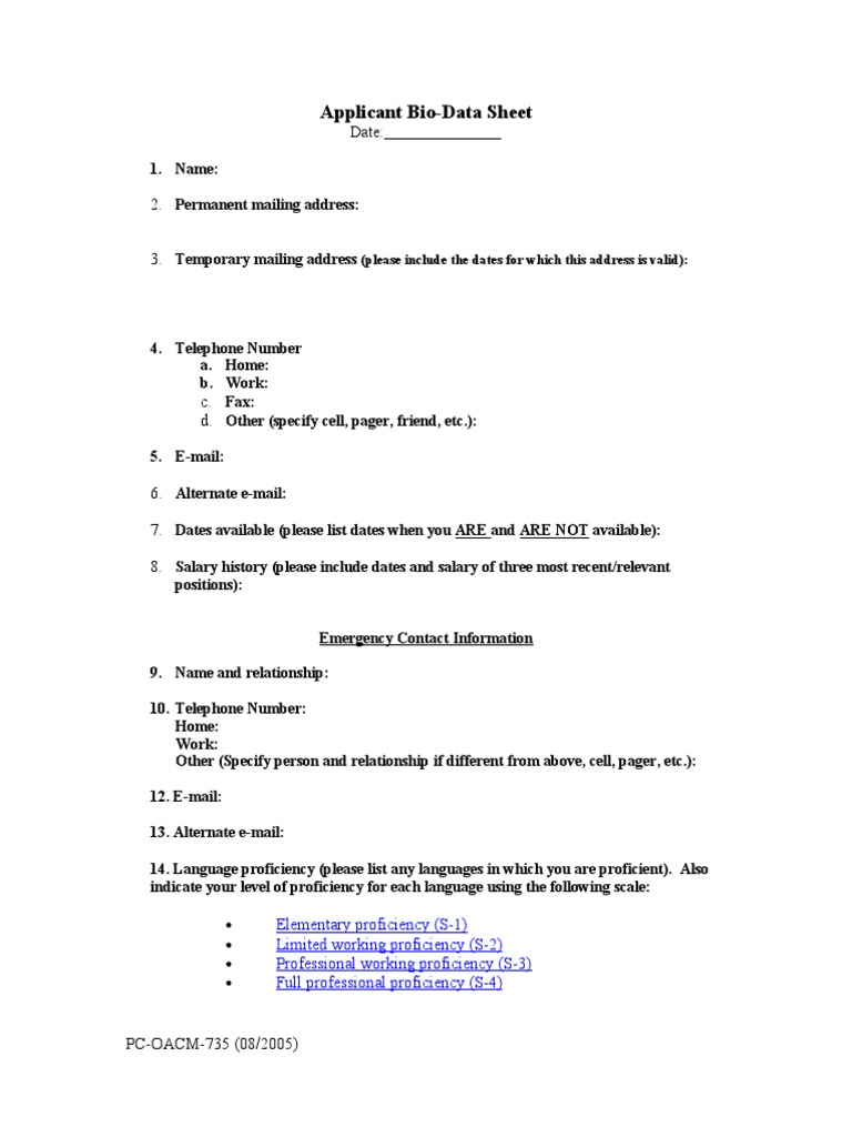 Peace Corps STAU Short Term Assistance Unit Applicant BioData Sheet | PDF