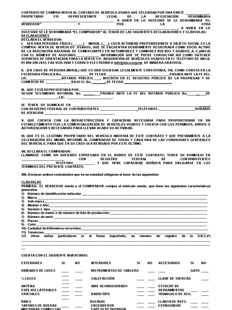 Contrato de Compra Venta de Automovil Usado Derecho