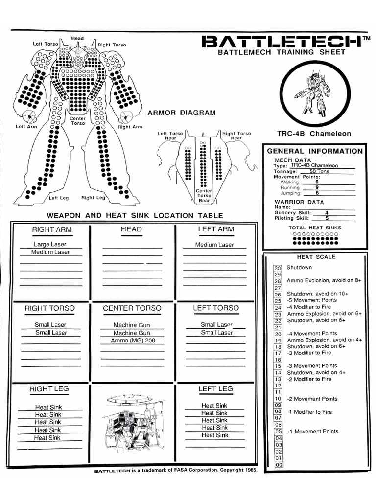 BATTLETECH Training Sheet 1985 | PDF | Battle Tech | Projectile Weapons