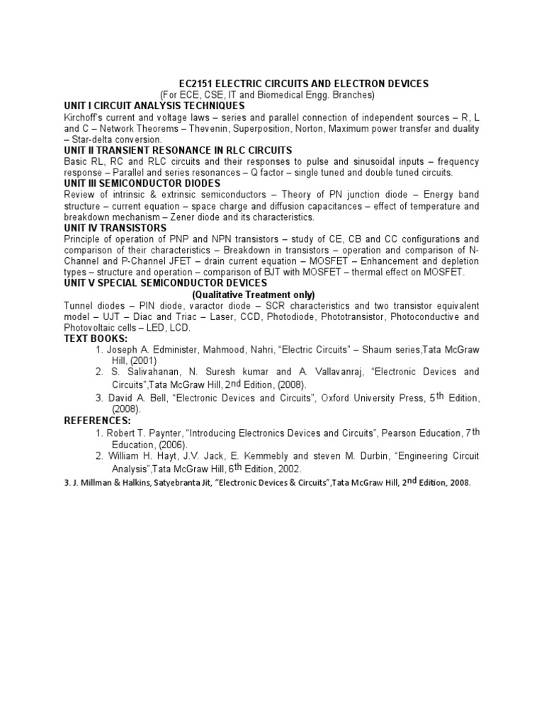 Ec2151 Electric Circuits and Electron Devices Syllabus PDF