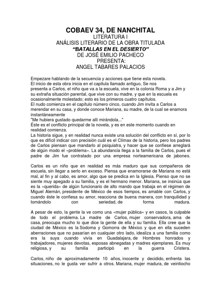 Analisis Literario de Las Batallas en El Desierto PDF Amor México