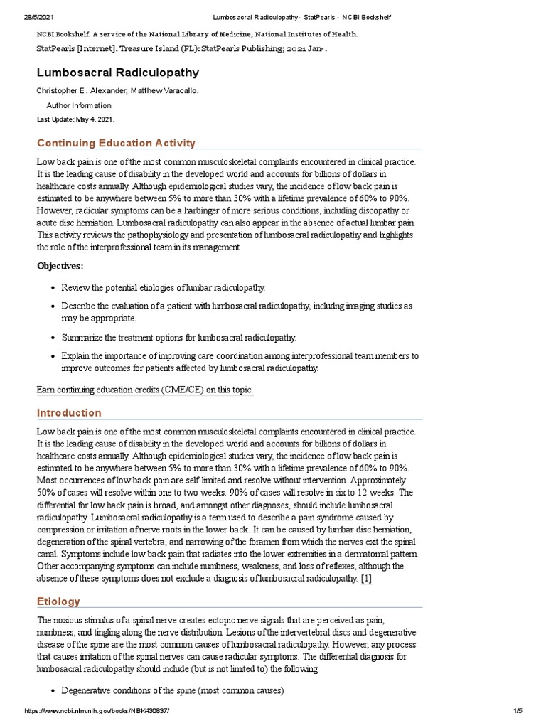Lumbosacral Radiculopathy Statpearls Ncbi Bookshelf Pdf Back