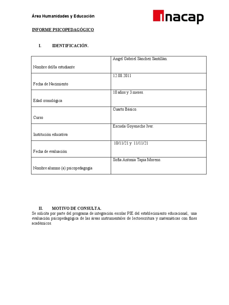 Formato Informe Psicopedagógico INACAP LISTO | PDF | Comprensión ...