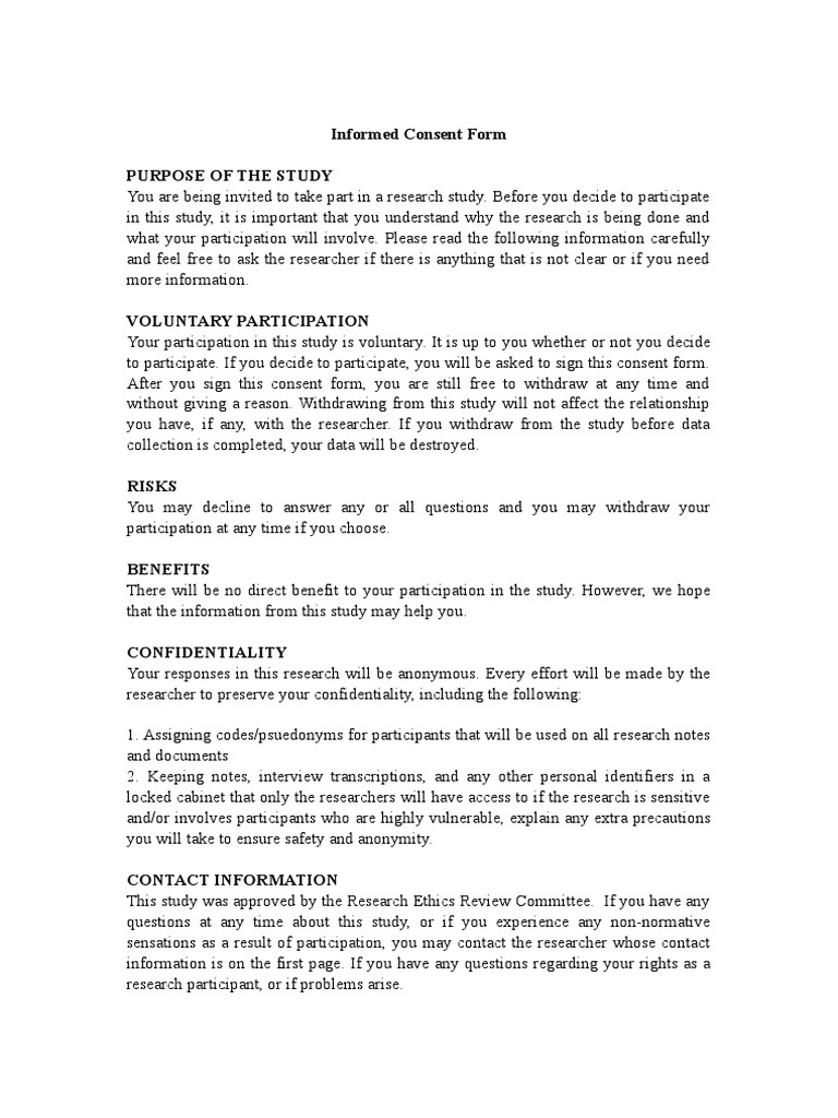 Informed Consent Form Purpose of The Study PDF Informed Consent
