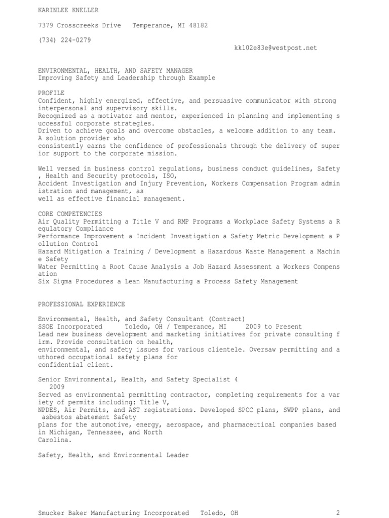 Ehs Manager Or Environmental Manager Or Regional Ehs Manager Pdf