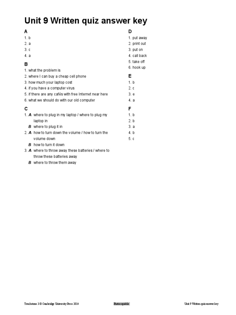 Course 11 Unit 9 Written Quiz Answer Key | PDF