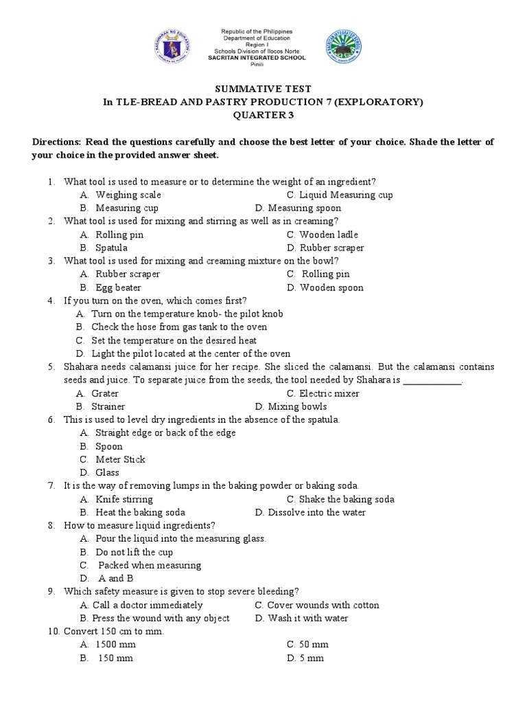 TLE Bread and Pastry Summative Test PDF Personal Protective