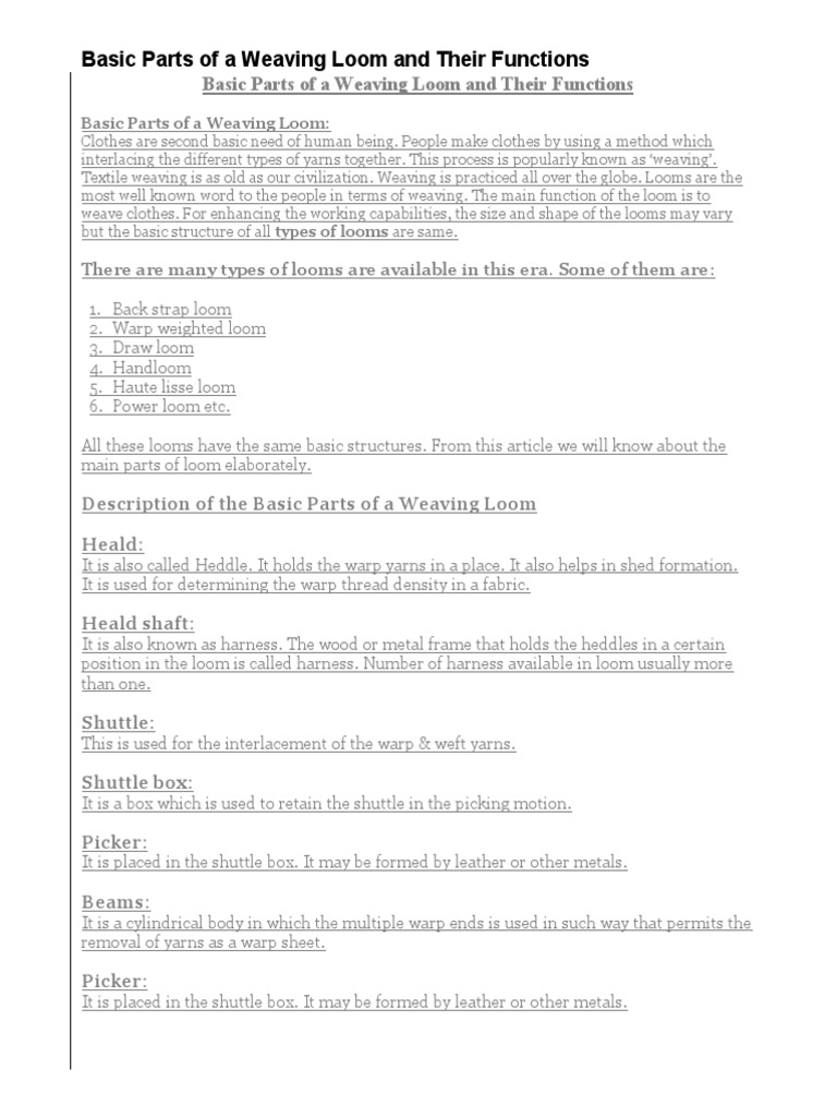 Basic Parts of A Weaving Loom and Their Functions PDF Loom Weaving
