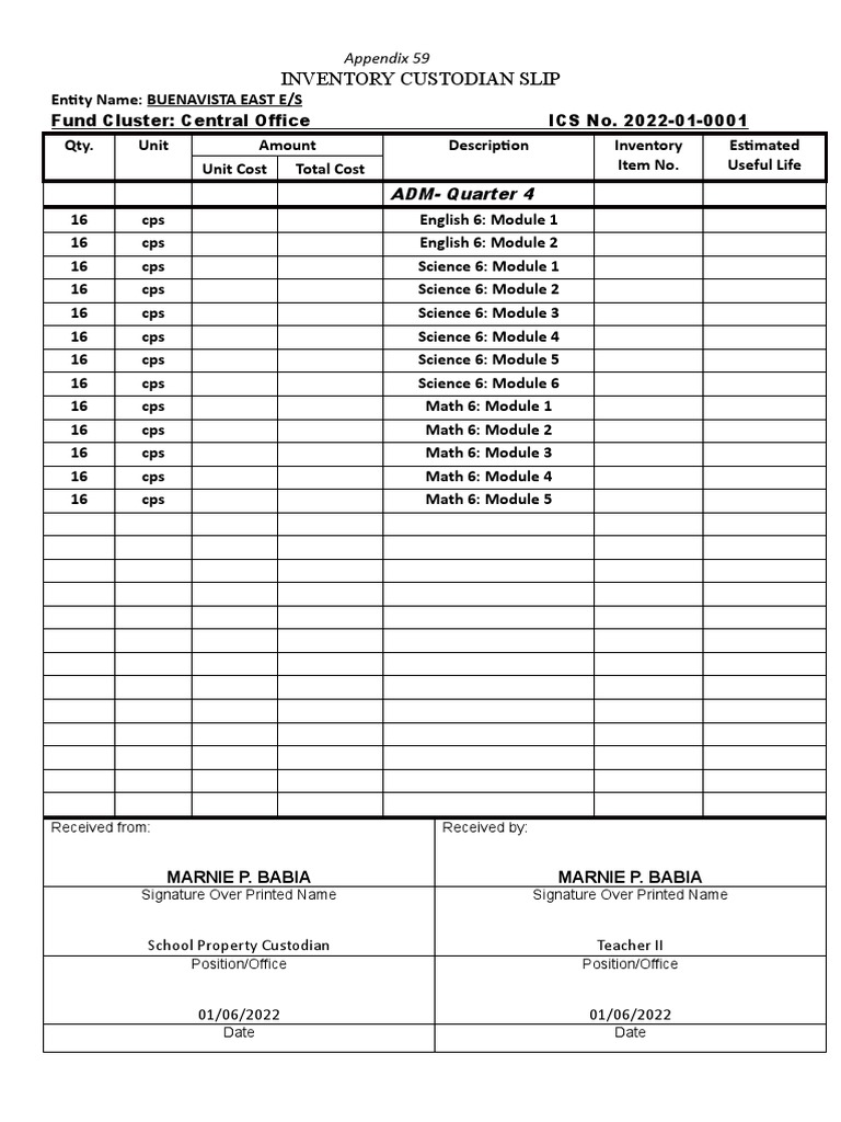 Inventory Custodian Slip PDF Science Mathematics
