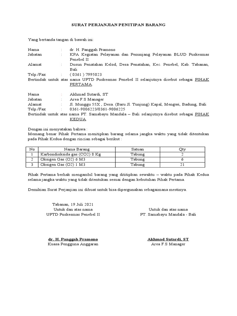 Surat Perjanjian Penitipan Barang Samabayu | PDF
