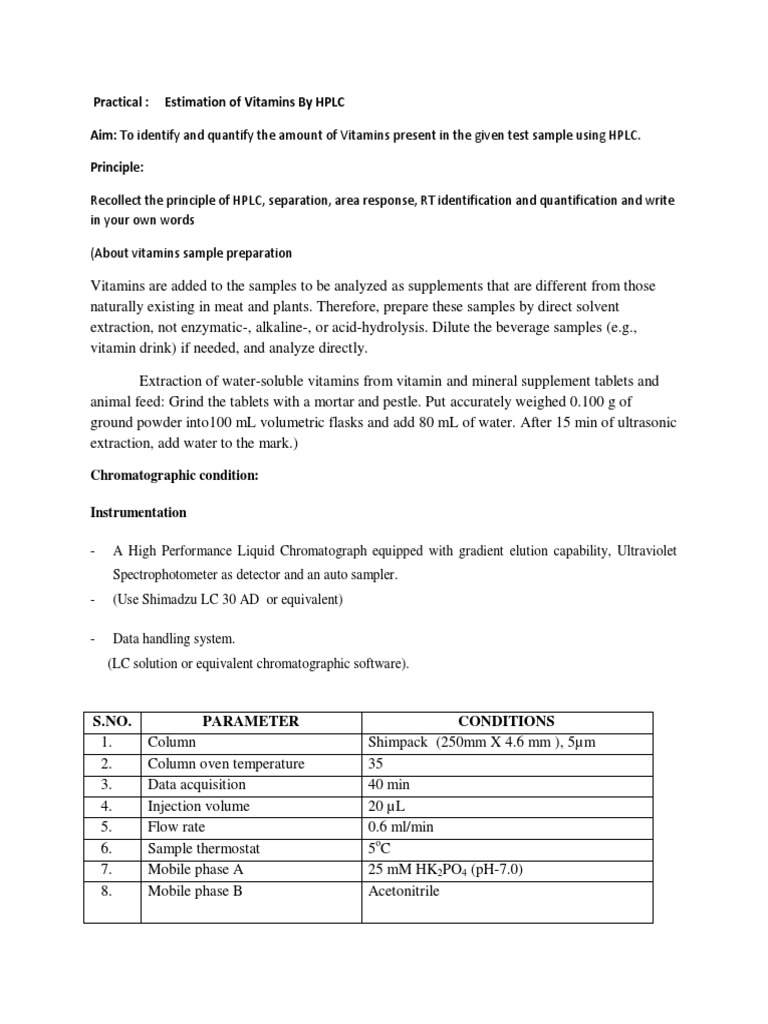 Vitamins HPLC Estimation Procedure and Observation Practical Both A and B Group PDF High