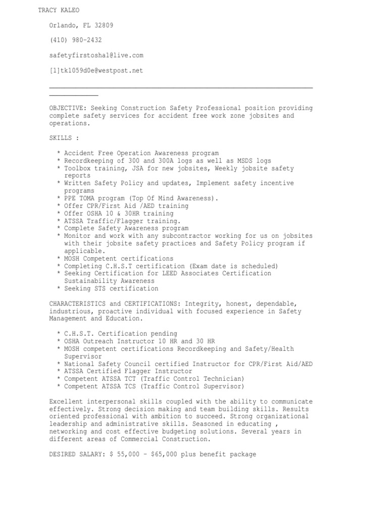 construction safety manager or construction safety coordinator o