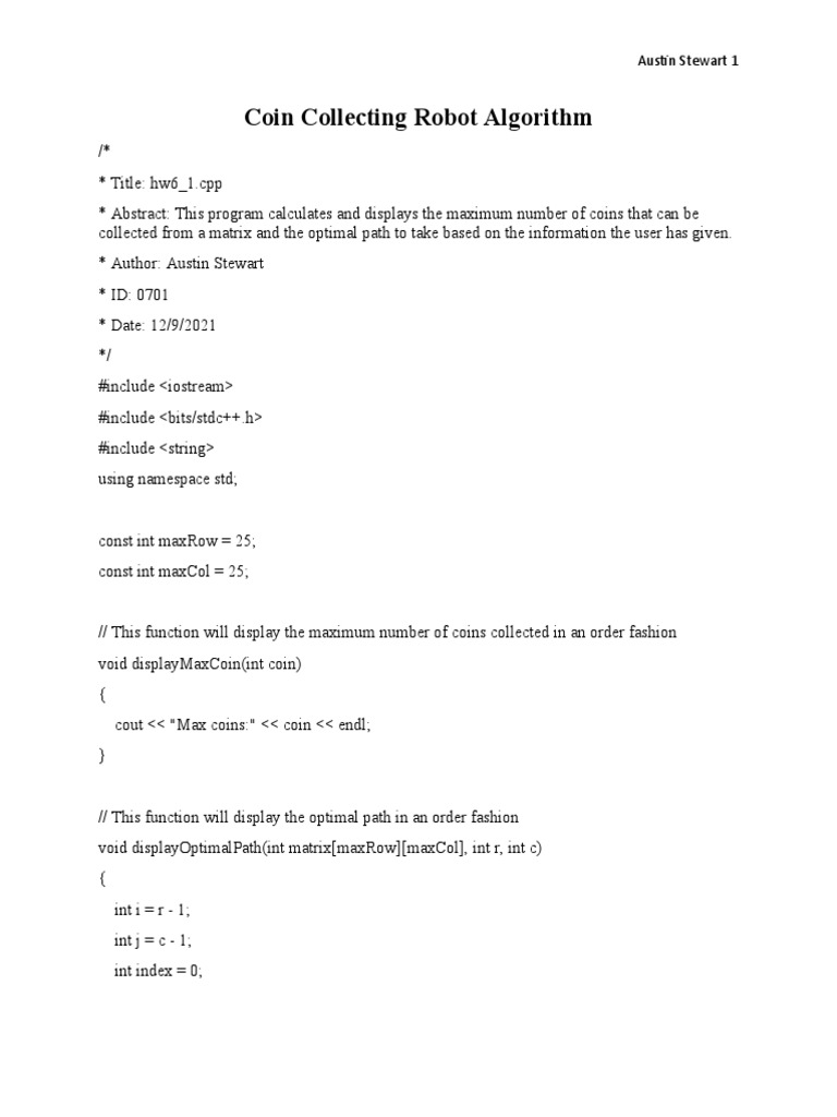 Coin Collecting Robot Algorithm PDF Computer Programming