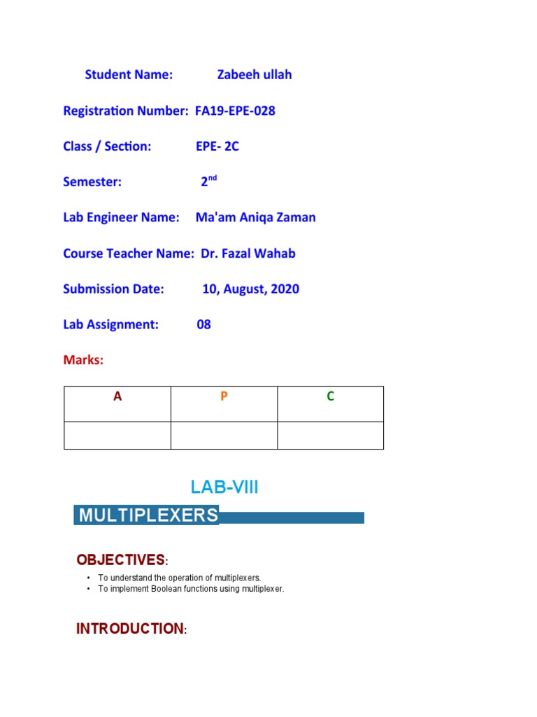 Lab Assignment on Multiplexers | PDF | Boolean Algebra | Teaching ...