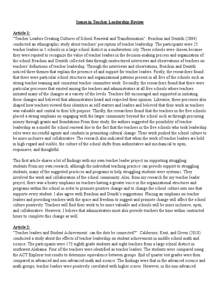 Issues in Teacher Leadership Review | PDF | Teachers | Leadership