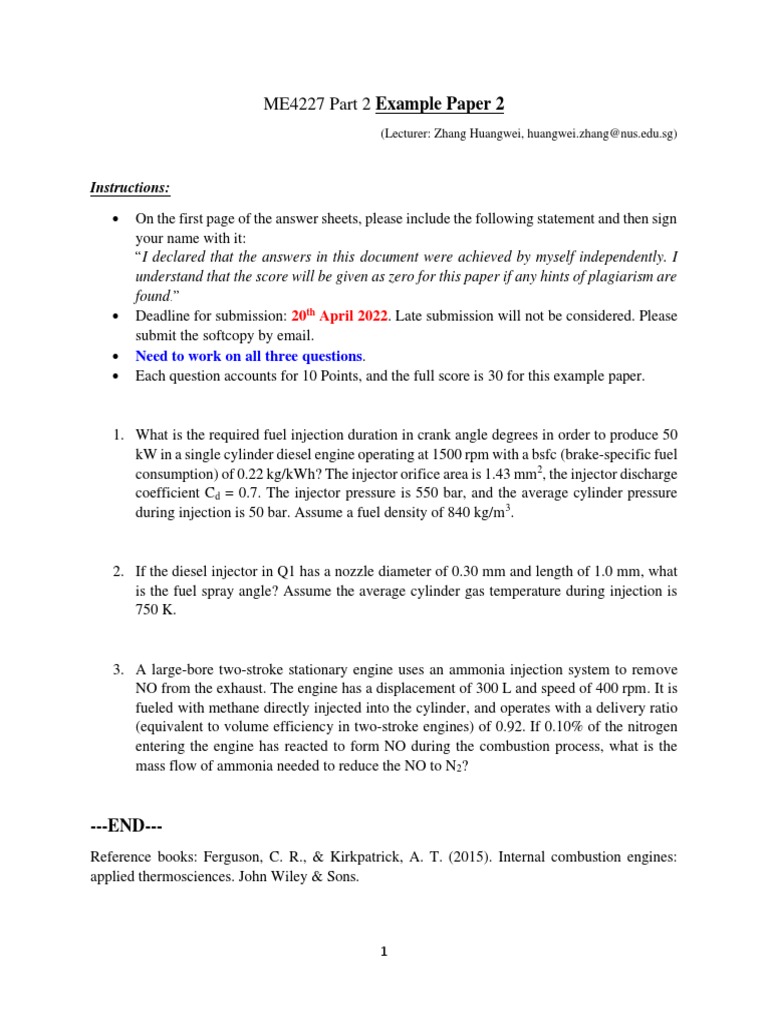 ME4227 Part 2 Example Paper 2: Instructions | PDF | Science ...