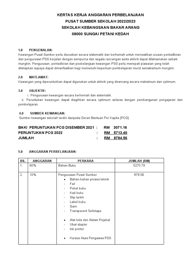 Kertas Kerja Anggaran Perbelanjaan Pusat Sumber Sekolah 2022 | PDF
