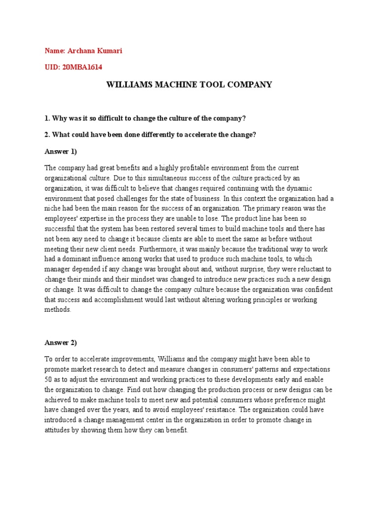 Project Management Case Study (WILLIAMS MACHINE TOOL COMPANY) PDF