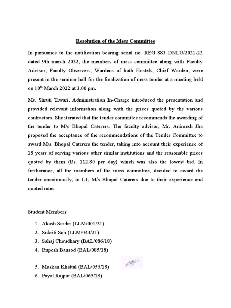 Mess Committee Tender Resolution 2022 | PDF