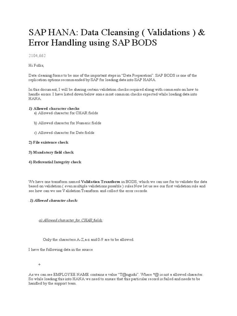 SAP HANA Data Cleansing (Validations) & Error Handling Using SAP BODS