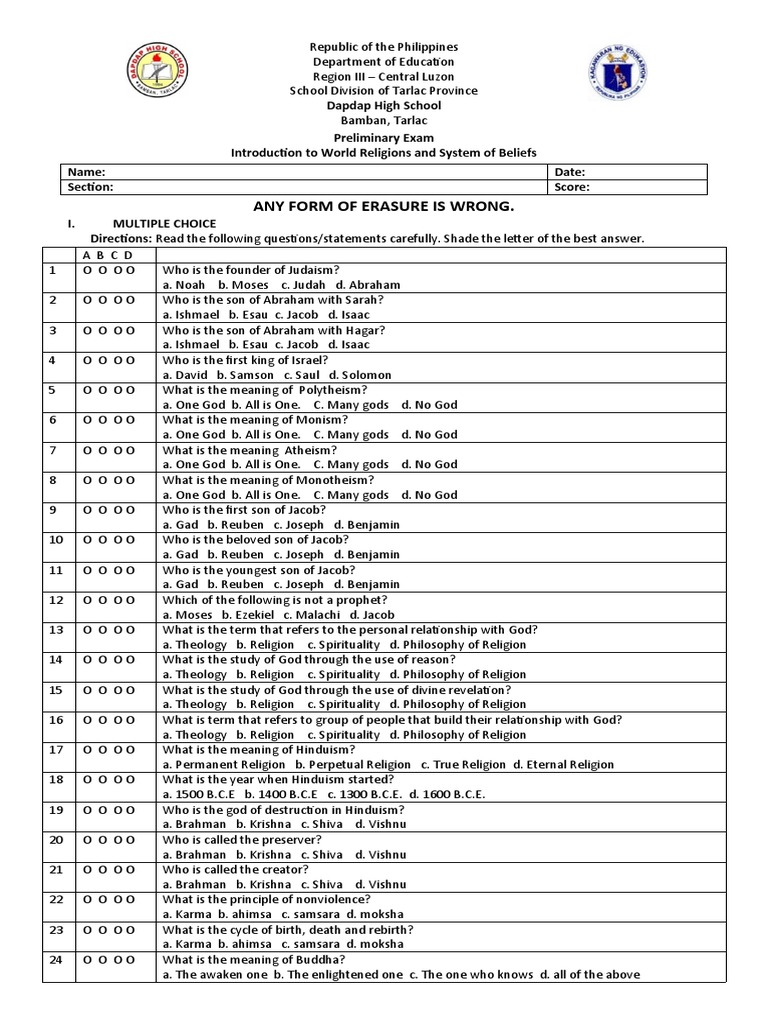 World Religions Exam Answer Key | PDF | Jacob | Brahman