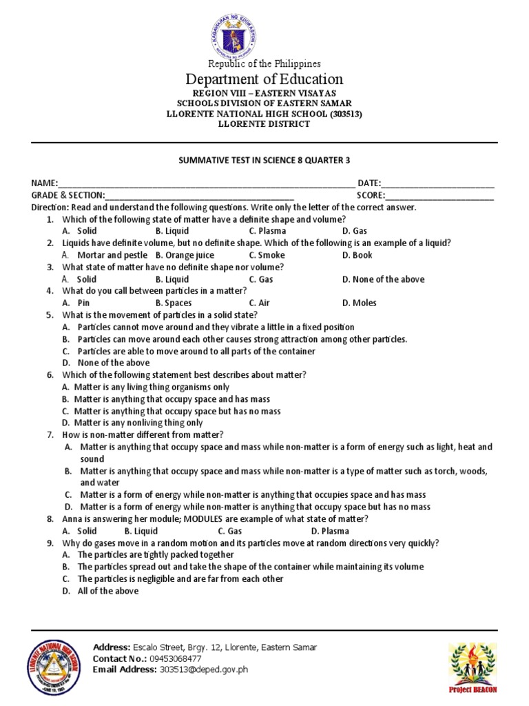 Summative Test IN SCIENCE 8 QUARTER 3 | PDF | Evaporation | Water