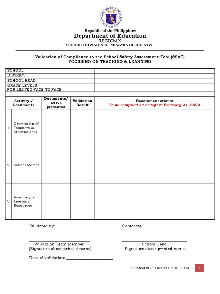 Validation Data of Ssat Focusing On Teaching Learning Template | PDF ...
