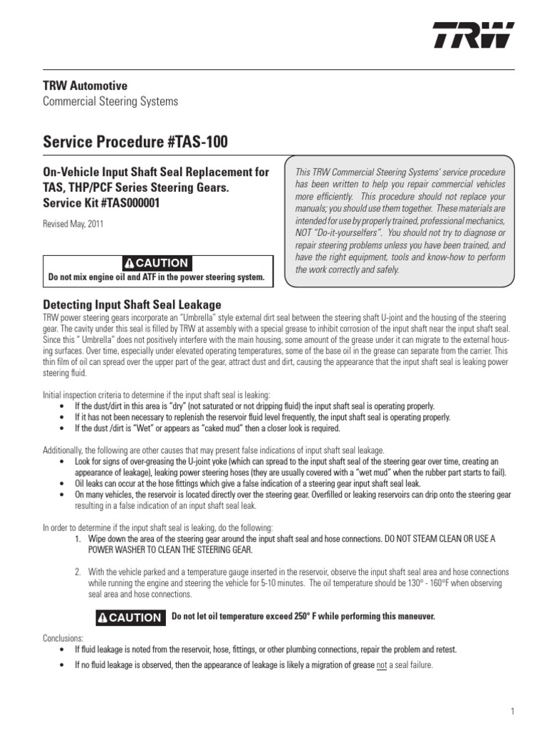 TRW Input Shaft Seal Removal PDF Leak Valve