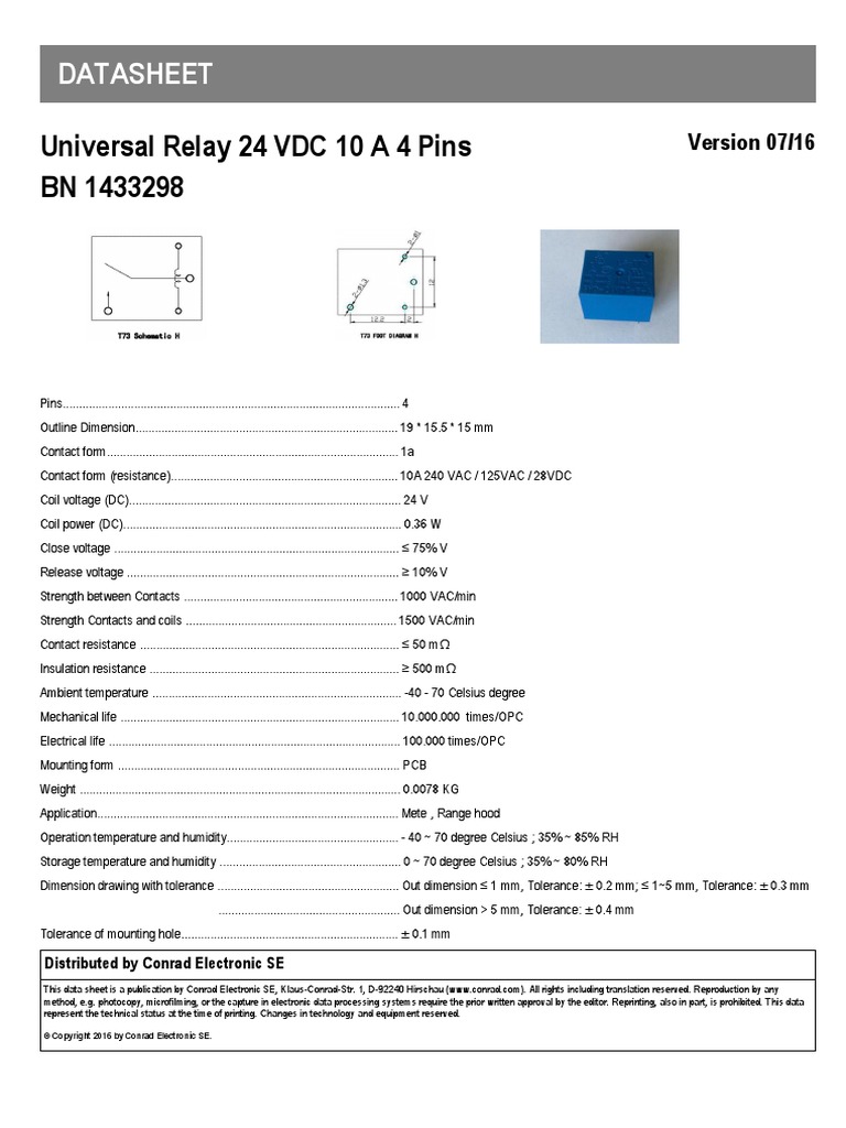 Scheda Tecnica 1433298 Ls t73 SHD 24vdc F A 4pin Rele Per PCB 24 VDC 10 A 1 Na 1 PZ PDF