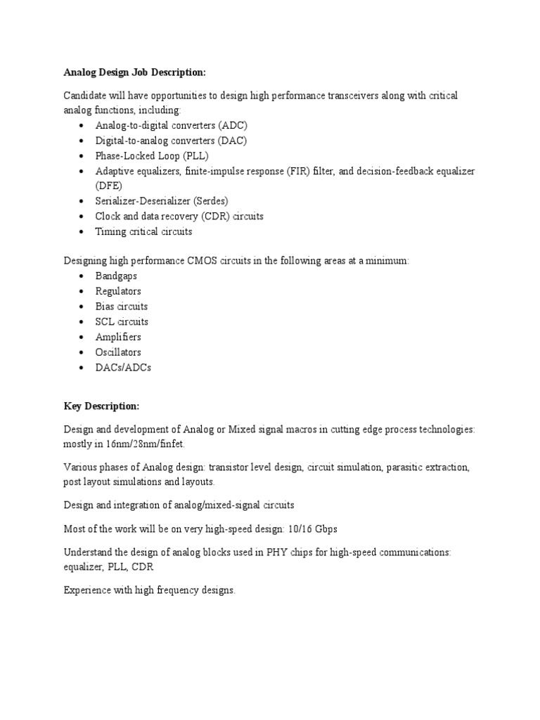 Analog Design Job Description PDF