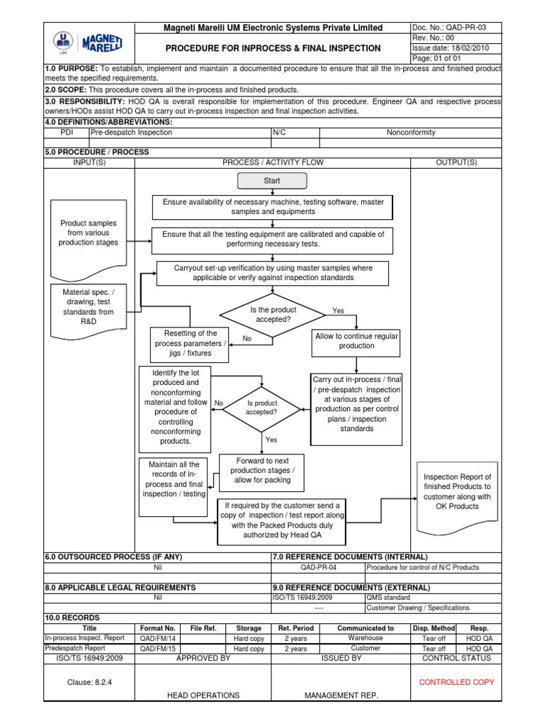 QAD Procedure - Inspection & Testing (Inprocess & Final Inspection ...