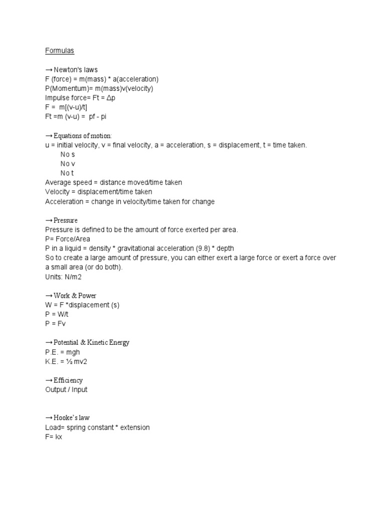 Physics Formulas Pdf Force Velocity