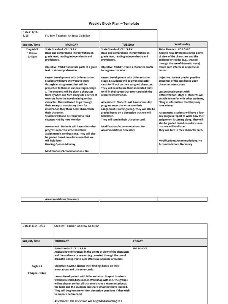 Weekly Block Plan - Template: Dates: 3/14-3/18 Student Teacher: Andrew ...