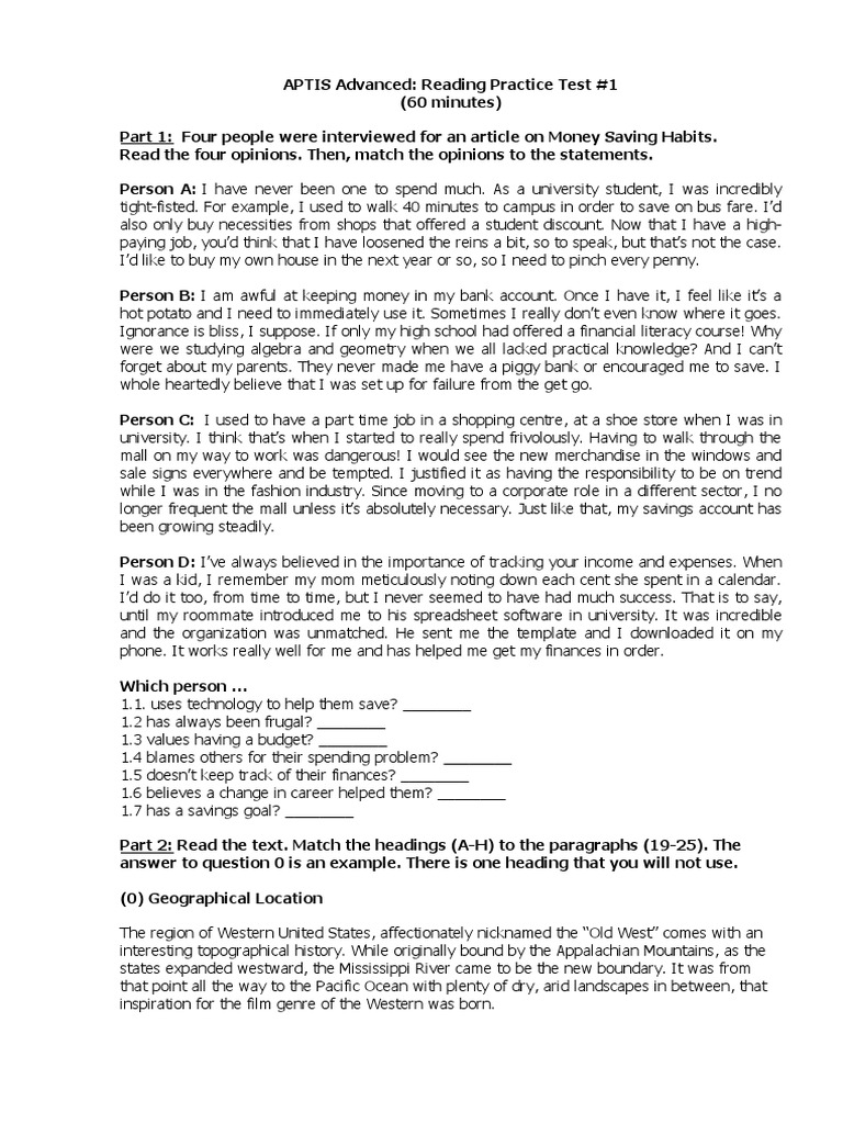 APTIS Advanced READING With Answer Key | PDF | Volcano