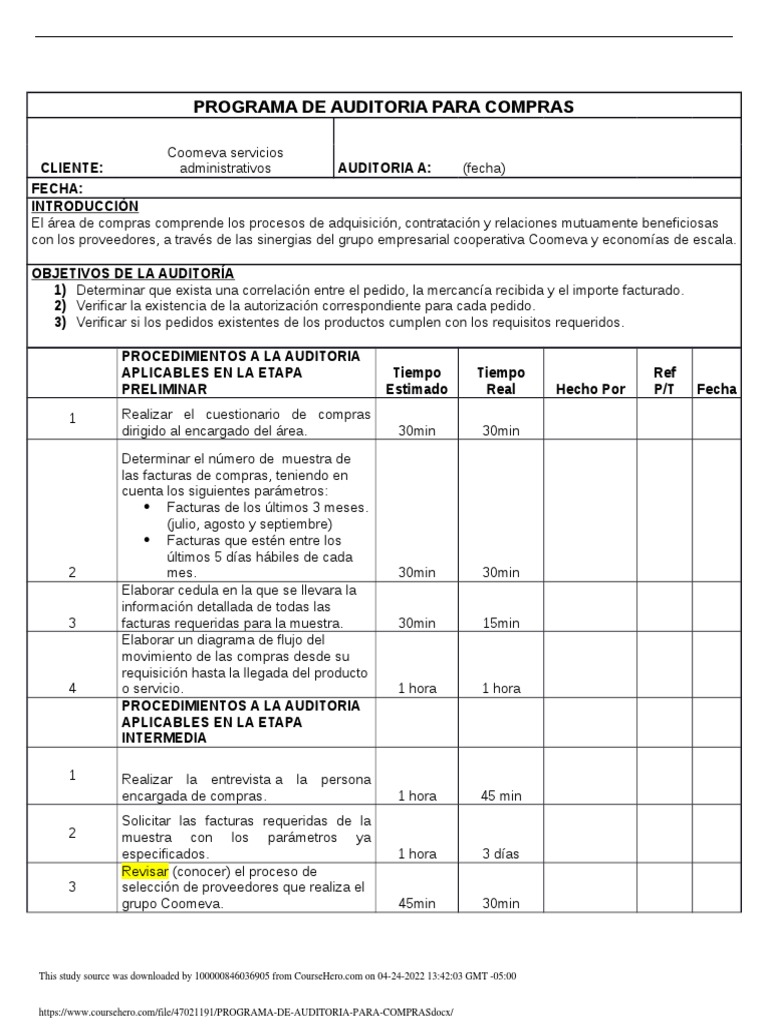 Programa de Auditoria para Compras | PDF | Auditoría | Business