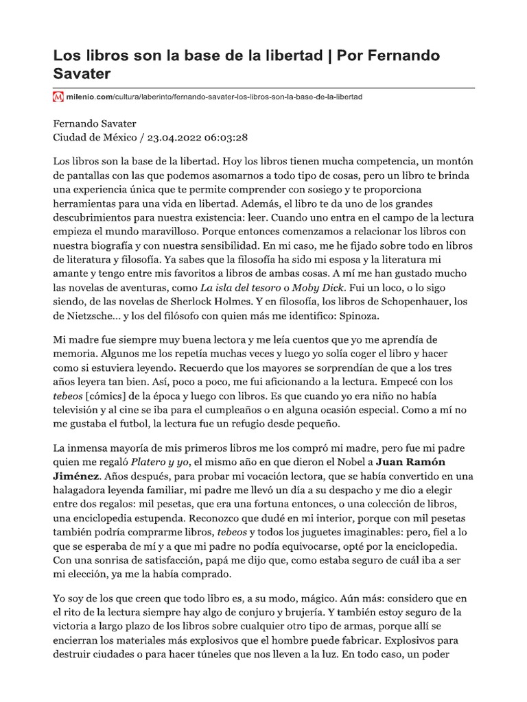 Savater, Fernando - Los Libros Son La Base de La Libertad | PDF