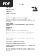 Lesson Plan: Class: Algebra 1 Grade Level: 9 Unit: Equations Teacher: Ms. Carolyn Yusa