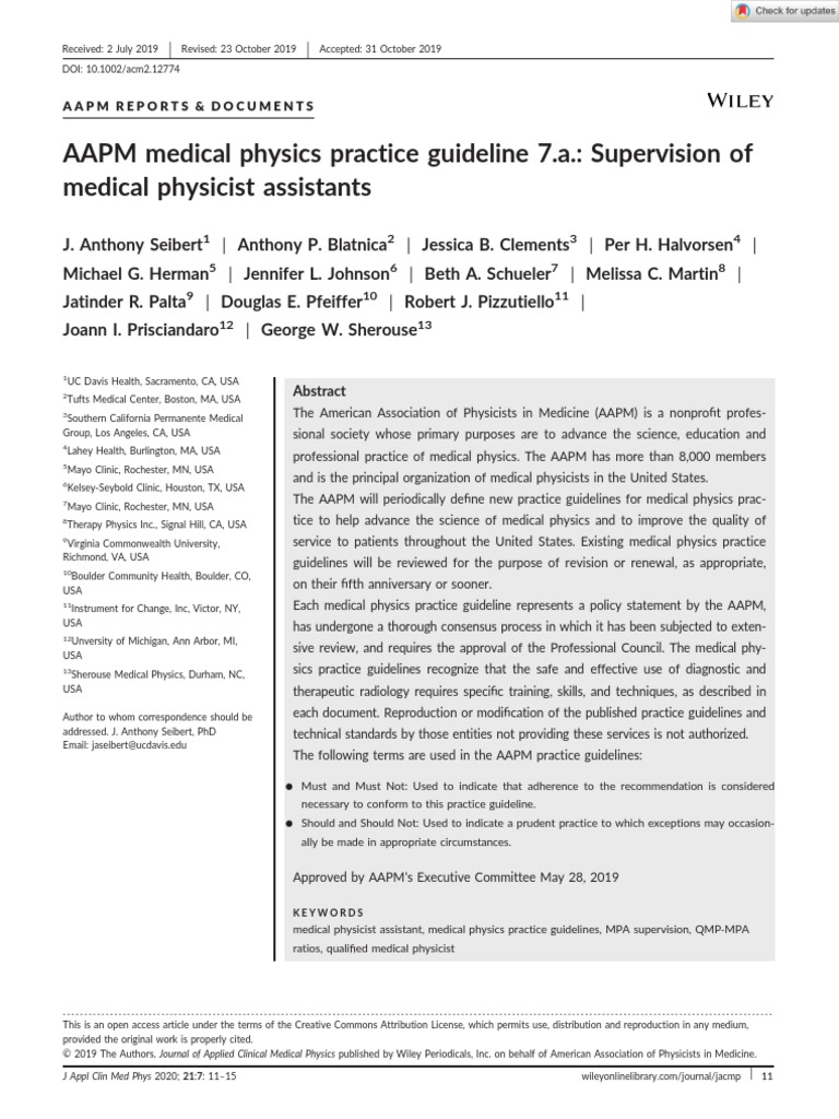 2019 AAPM Medical Physics Practice Guideline 7 A Supervision of Medical Physicist PDF