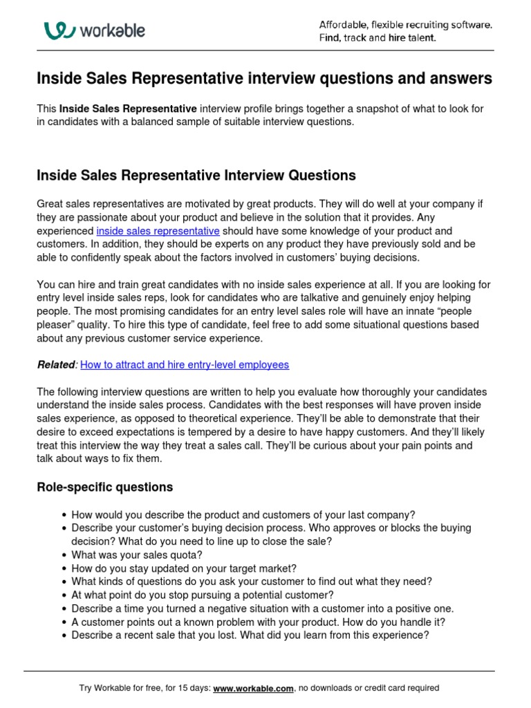 Inside Sales Representative Interview Questions PDF Sales Experience