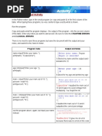 Programming Input Activity: Program Code Output and Notes