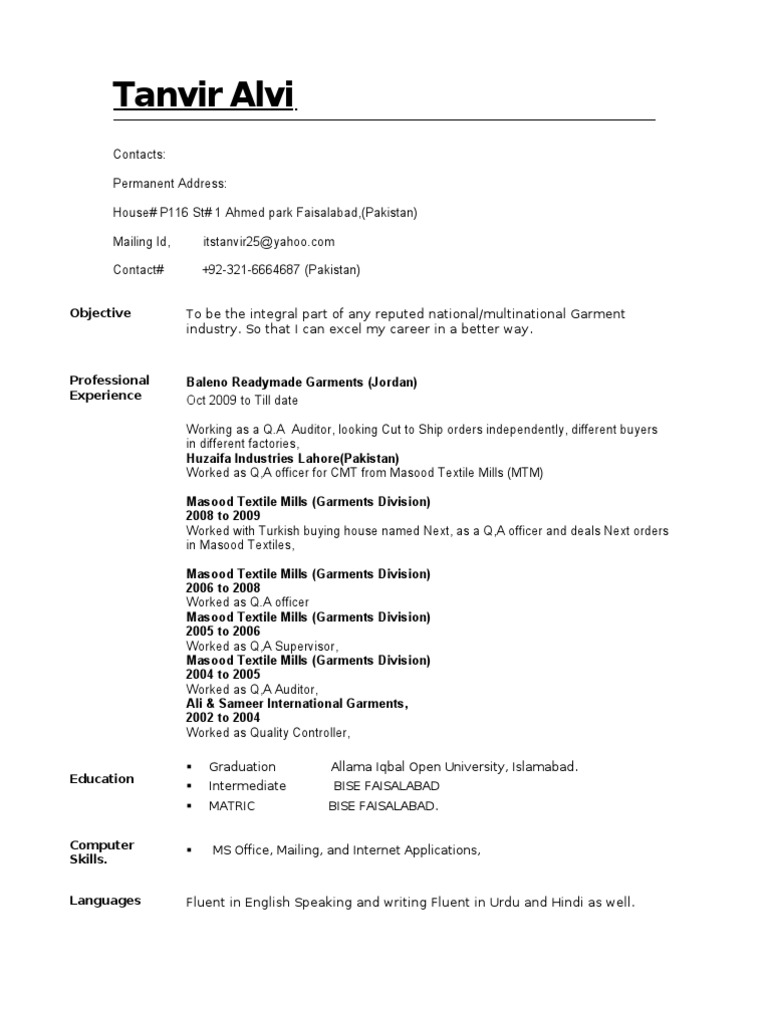 Tanveer Alvi: Garment Industry Profile | PDF