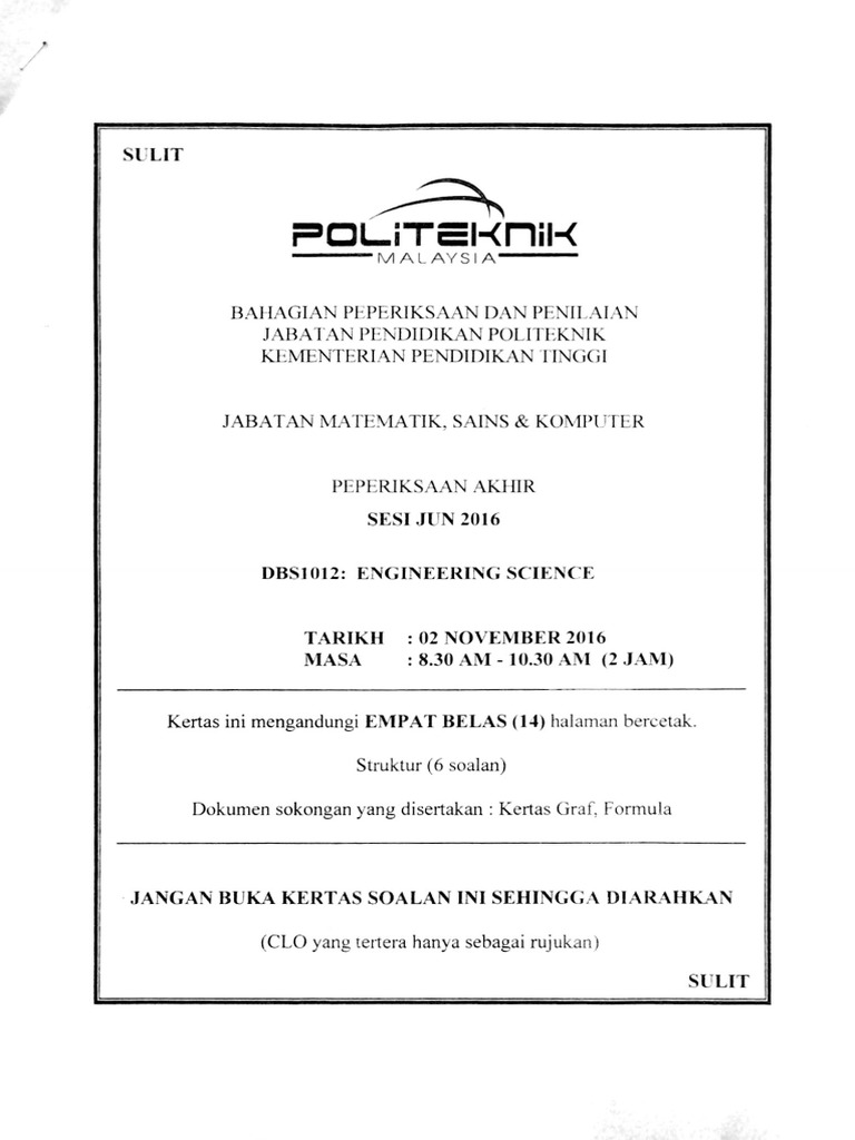 Set Jun 2016 Final Exam Engineering Science Pdf