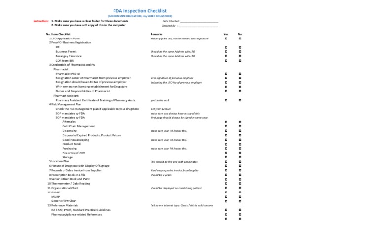 FDA Drugstore Inspection Checklist | PDF | Pharmacy | Health Sciences