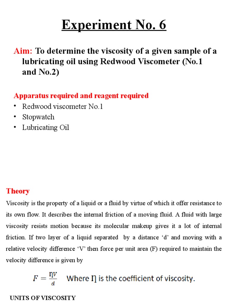 Experiment No. 6 Viscosity of Lubricating Oil PDF Viscosity Liquids