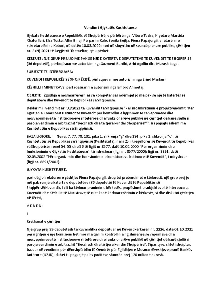 Vendim I Gjykatës Kushtetuese | PDF