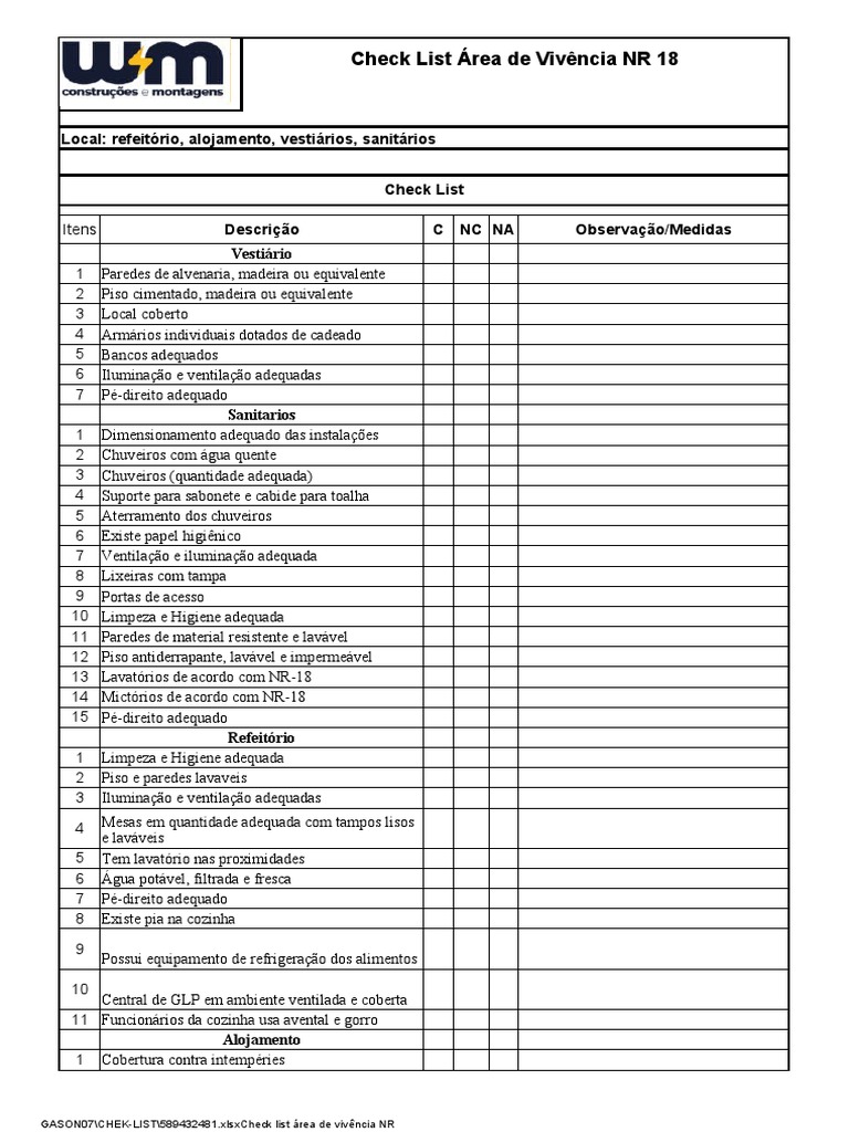 Check List rea De Viv ncia NR 18 PDF Implementos Dom sticos Casa
