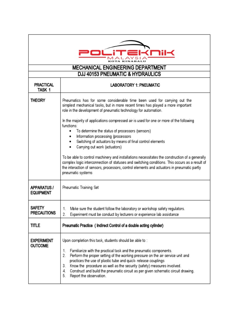 Pneumatic Systems Lab: Double Acting Cylinder | PDF | Pneumatics | Actuator