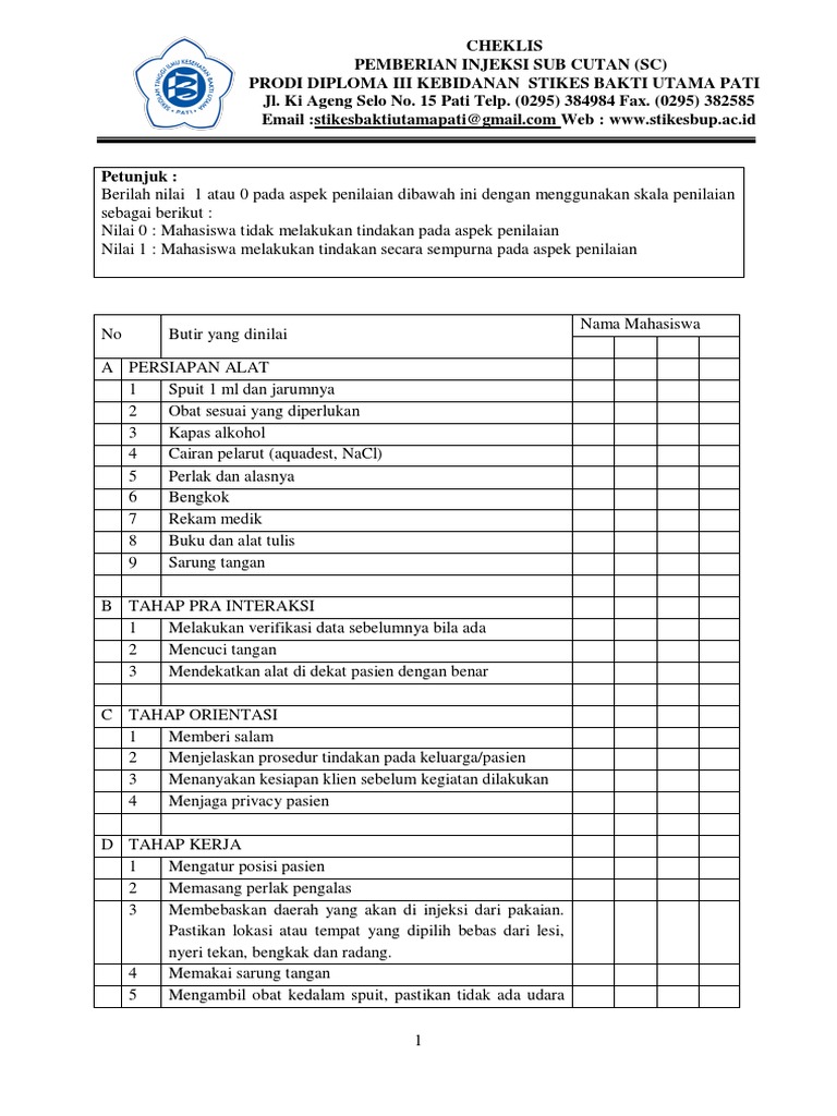 CHECKLIST Injeksi SC Fix | PDF | Karier & Perkembangan | Sains & Matematika